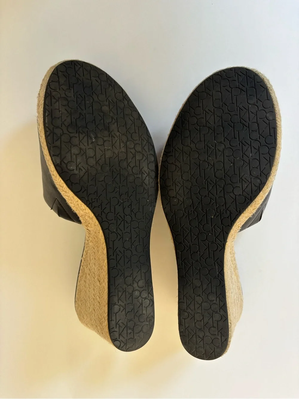 Calvin Klein Black Leather Bandera Wedge Espadrille Slide Sandal 3-1/2” Heel 8
